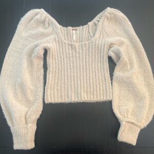 Free People Katie Pullover Puff Sleeve Cozy Brushed Knit Cream Sweater Sz XS